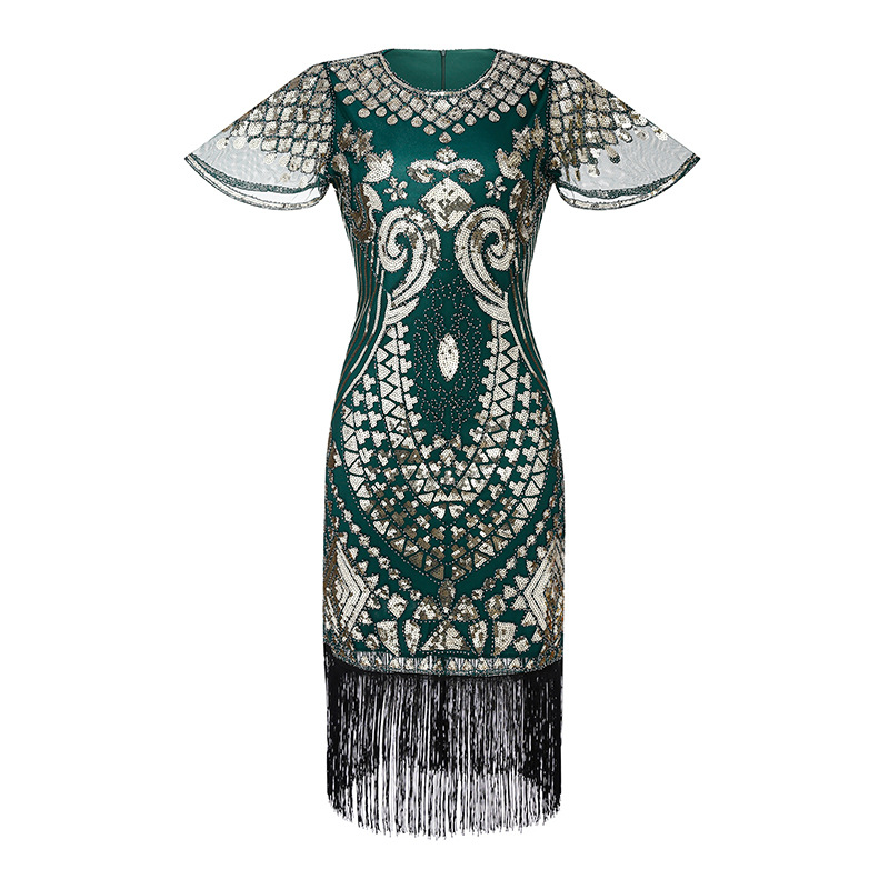 Fiesta transfronteriza de los años 20 Gatsby con cuentas vestido de malla vintage manga corta borla de lentejuelas vestido de bola