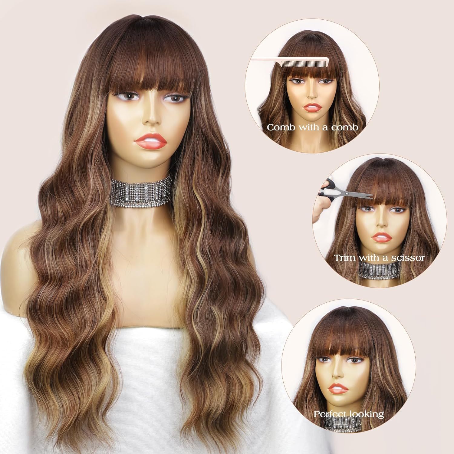 Synthetic Long Wavy Wig With Bangs Gradient Big Wave Hairpiece_voghion.com