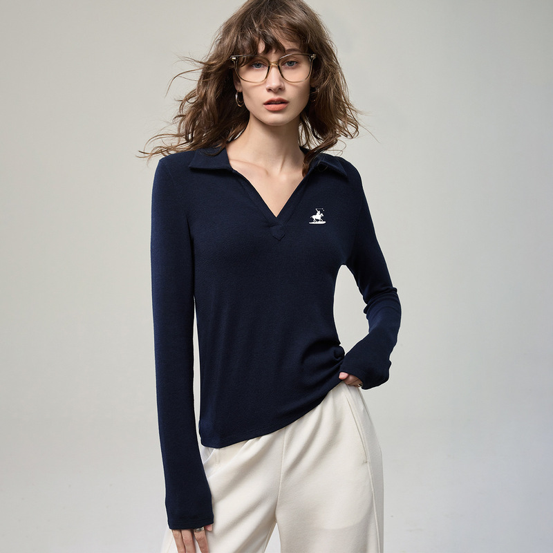 Fashionable Pony Print Polo Collar Brushed Long-Sleeve T-Shirt for Women, 2026 Spring Season, Regular Shoulder Slimming V-Neck Base Shirt Top Fashionable Pony Print Polo Collar Brushed Long-Sleeve T-Shirt for Women, 2026 Spring Season, Regular Shoulder Slimming V-Neck Base Shirt Top