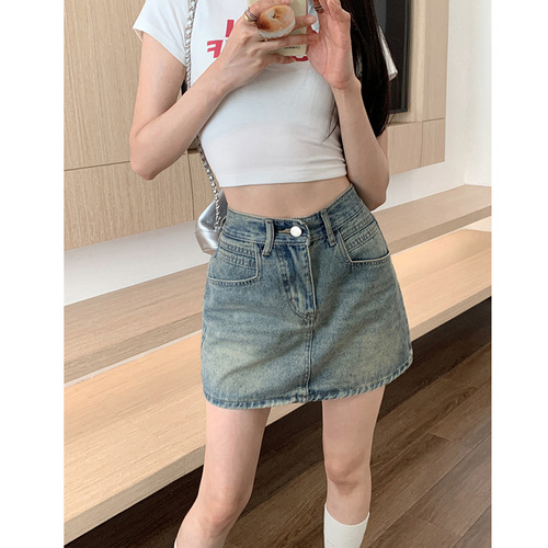 High-waisted denim skirt, denim bodycon skirt, half skirt, high-waisted summer, spicy girl, slimming A-line short skirt, trendy