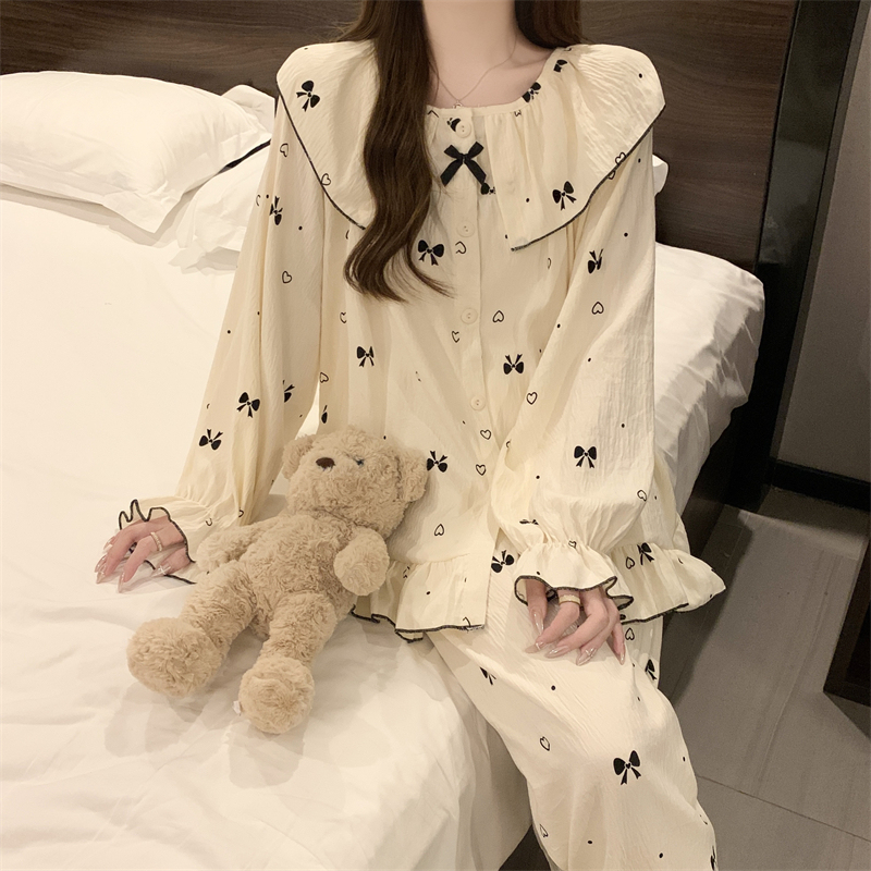 Cute doll-collar pajamas for women, long-sleeved, sweet and fluffy cotton gauze, plus-size, princess-style loungewear set for spring and autumn Cute doll-collar pajamas for women, long-sleeved, sweet and fluffy cotton gauze, plus-size, princess-style loungewear set for spring and autumn