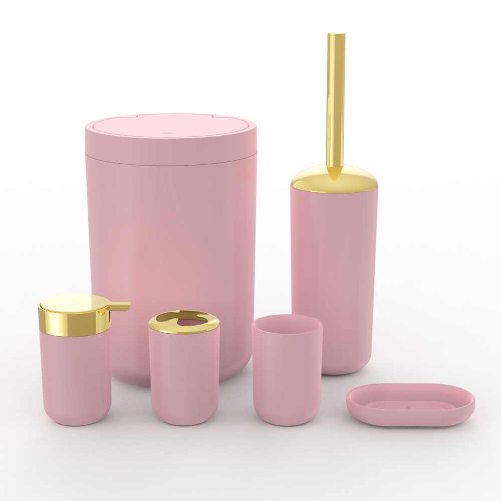 Plástico de color sólido chapado en oro seis piezas conjunto de cepillo de dientes caja de jabón cepillo de inodoro almacenamiento baño conjunto de lavado
