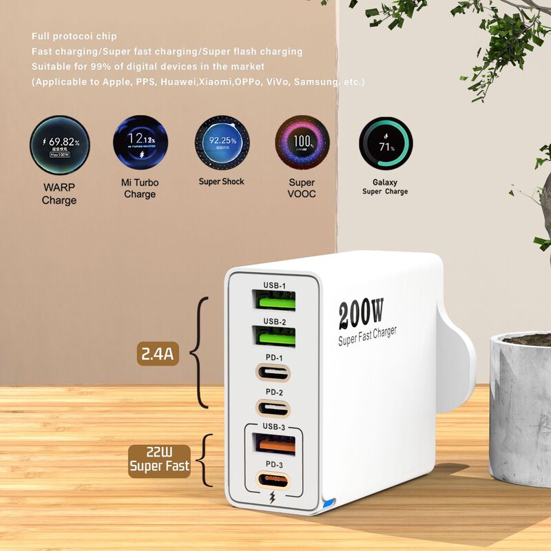 Cross-border new 200W multi-port charger 3USB 3PD mobile phone six-in-one Australia, India and Britain fast charging head 5V