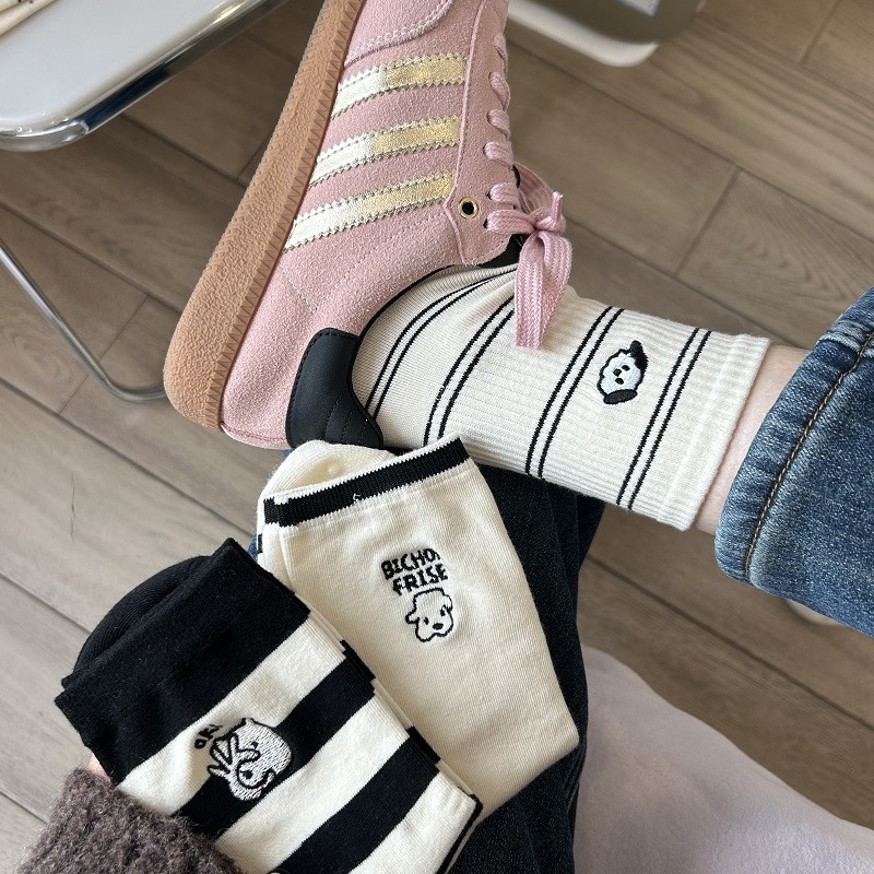 Calcetines de perrito para mujer, estilo japonés con rayas y lunares, lindos y cómodos para uso diario.