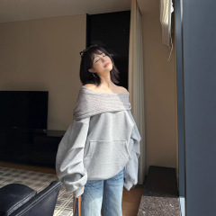 灰色一字肩卫衣女早秋季休闲百搭气质宽松慵懒风显瘦露肩上衣