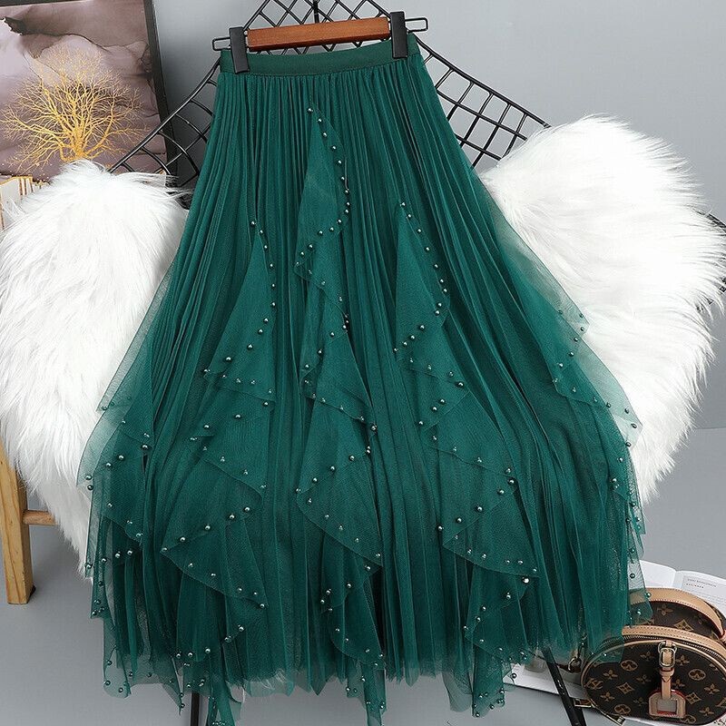 Heavy Beaded Mesh Skirt, Plus-Size Women's Clothing, Mid-Length High-Waisted Ruffled Pleated Skirt, Super Fairy-Like Tulle Skirt