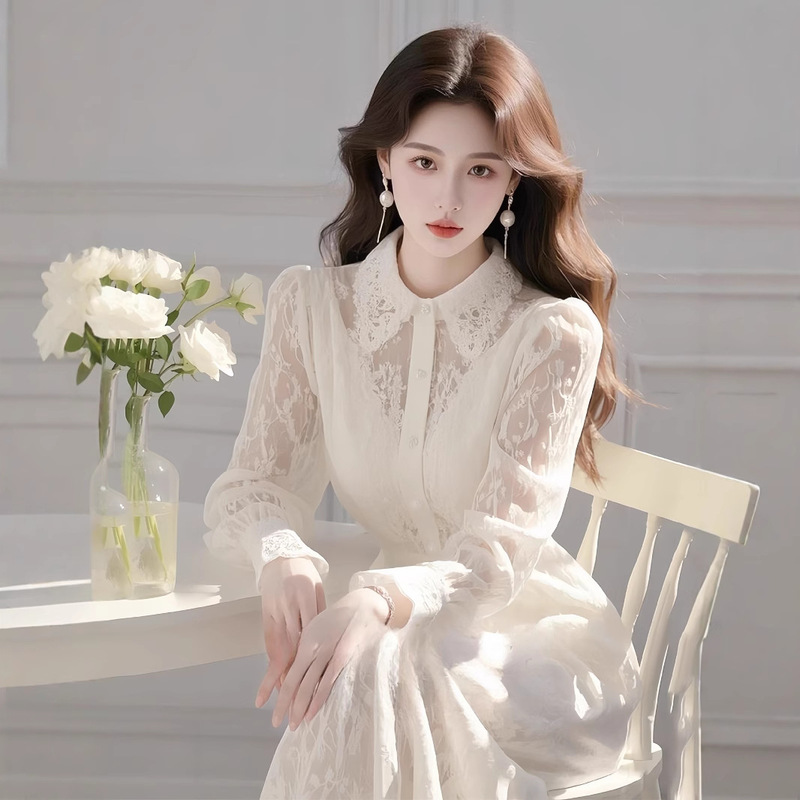 Flb5019 French Style White Lapel Lace Long-Sleeved Dress for Women in Spring with Small Inner Wear