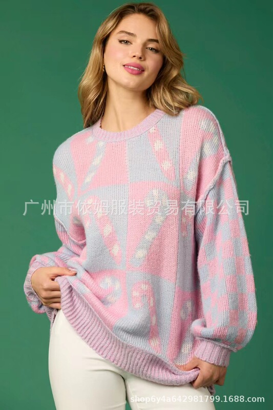 アマゾン秋冬新型クロスボーダー欧米女装クリスマス格子縞衝突色セーター長袖ゆるいプルオーバーセーター|undefined