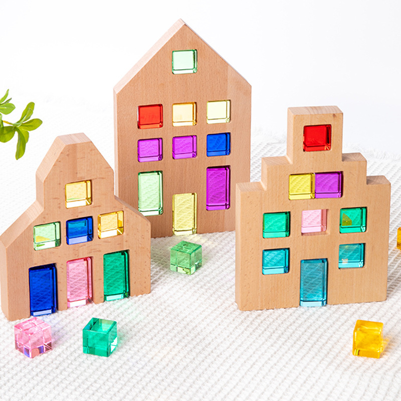 Beech Wood House Building Blocks with Windows, Scene Building Toys, Early Education Educational Toys, Light-Transmitting Acrylic Solid Wood House Toys