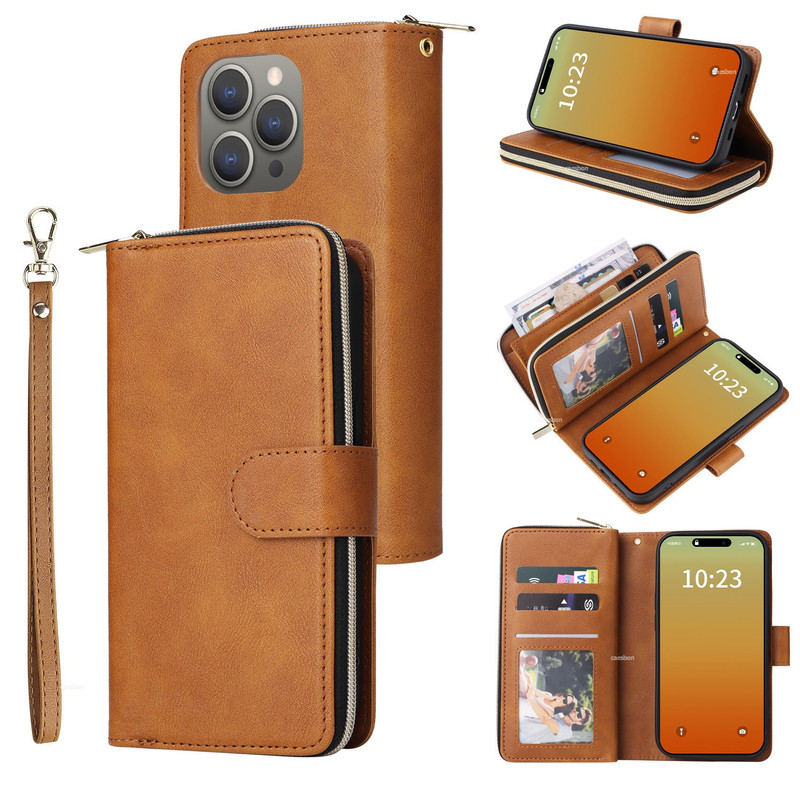 Cross-border iPhone16 Ultra-thin Nine Card Zipper Bag Mobile Phone Leather Case Apple 14 Wallet Card Case