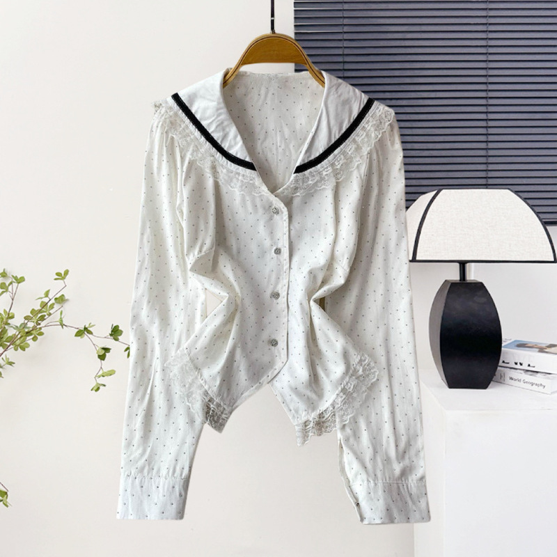 Korean New Spring and Autumn Design Lazy Style Top with Rhinestone Navy Collar and Lace Long-Sleeved Shirt Korean New Spring and Autumn Design Lazy Style Top with Rhinestone Navy Collar and Lace Long-Sleeved Shirt