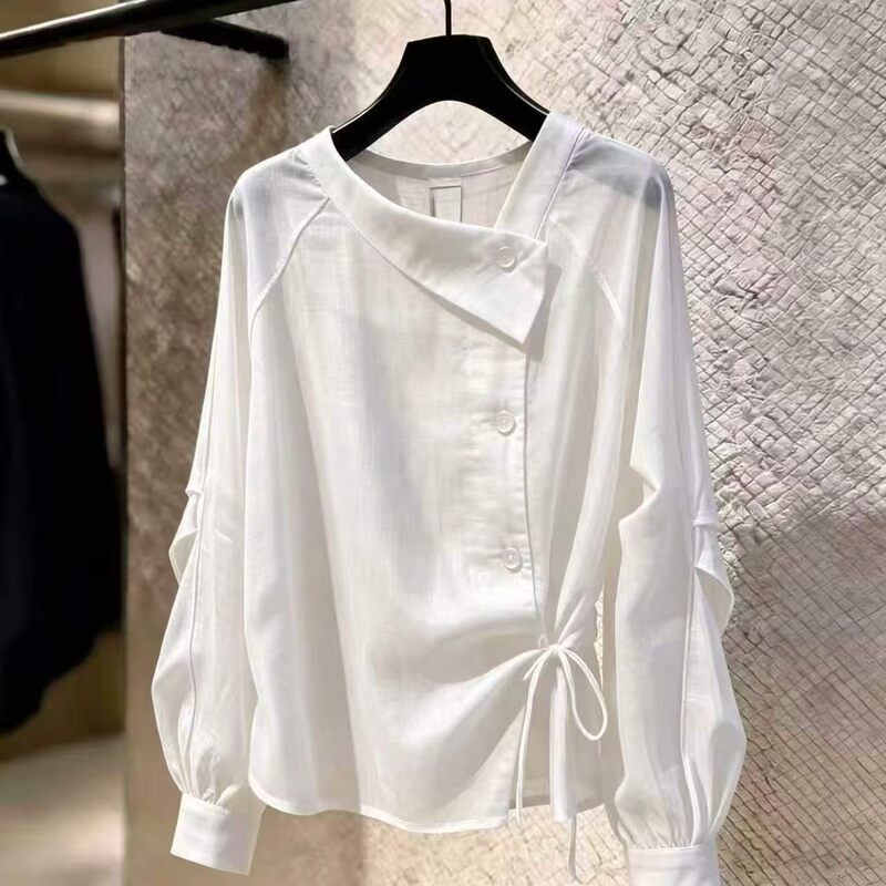Unique Design Women's Shirt 2026 Autumn New Fashion Versatile Slimming Waist-Tied Solid Color Blouse Unique Design Women's Shirt 2026 Autumn New Fashion Versatile Slimming Waist-Tied Solid Color Blouse