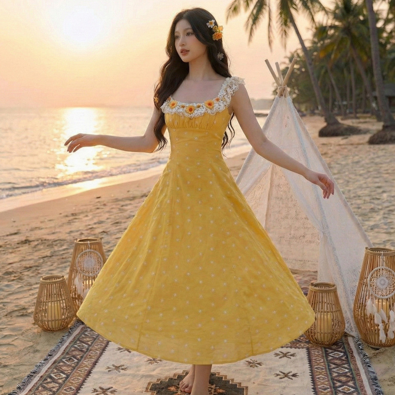 2026 French Pastoral Style Yellow Spaghetti Strap Lace Three-Dimensional Floral Youthful Seaside Vacation Dress