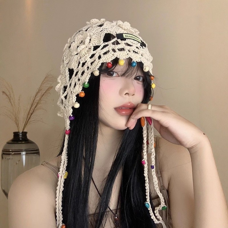 波西米亚彩色珠子包头帽女夏季镂空套头帽民族风手工钩花帽子圆顶|undefined