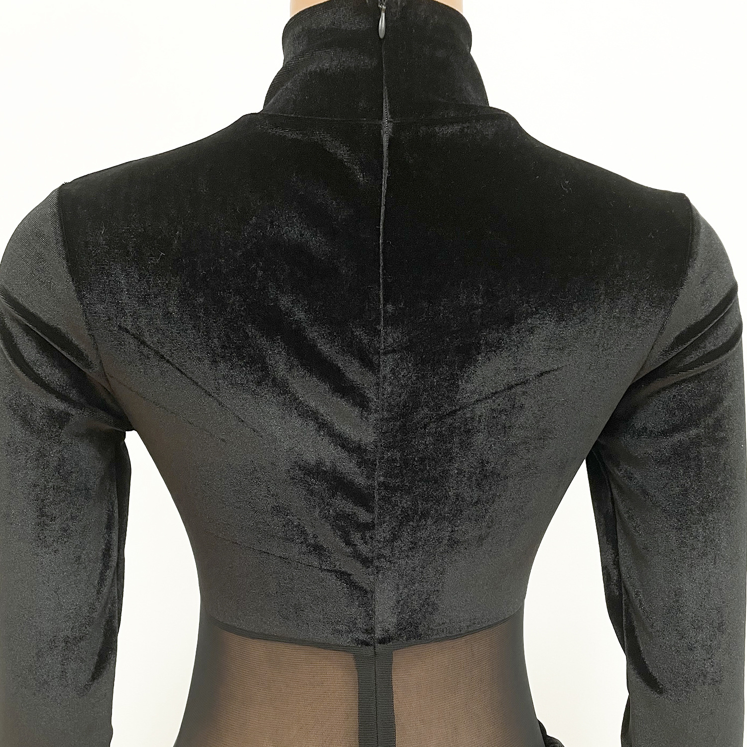 Women's fashion sexy mesh velvet splicing solid color jumpsuit_voghion.com