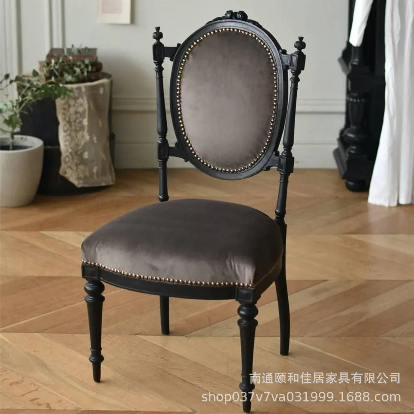 美式复古实木做旧咖啡厅餐厅无扶手餐椅酒店家用布艺雕花椅休闲椅