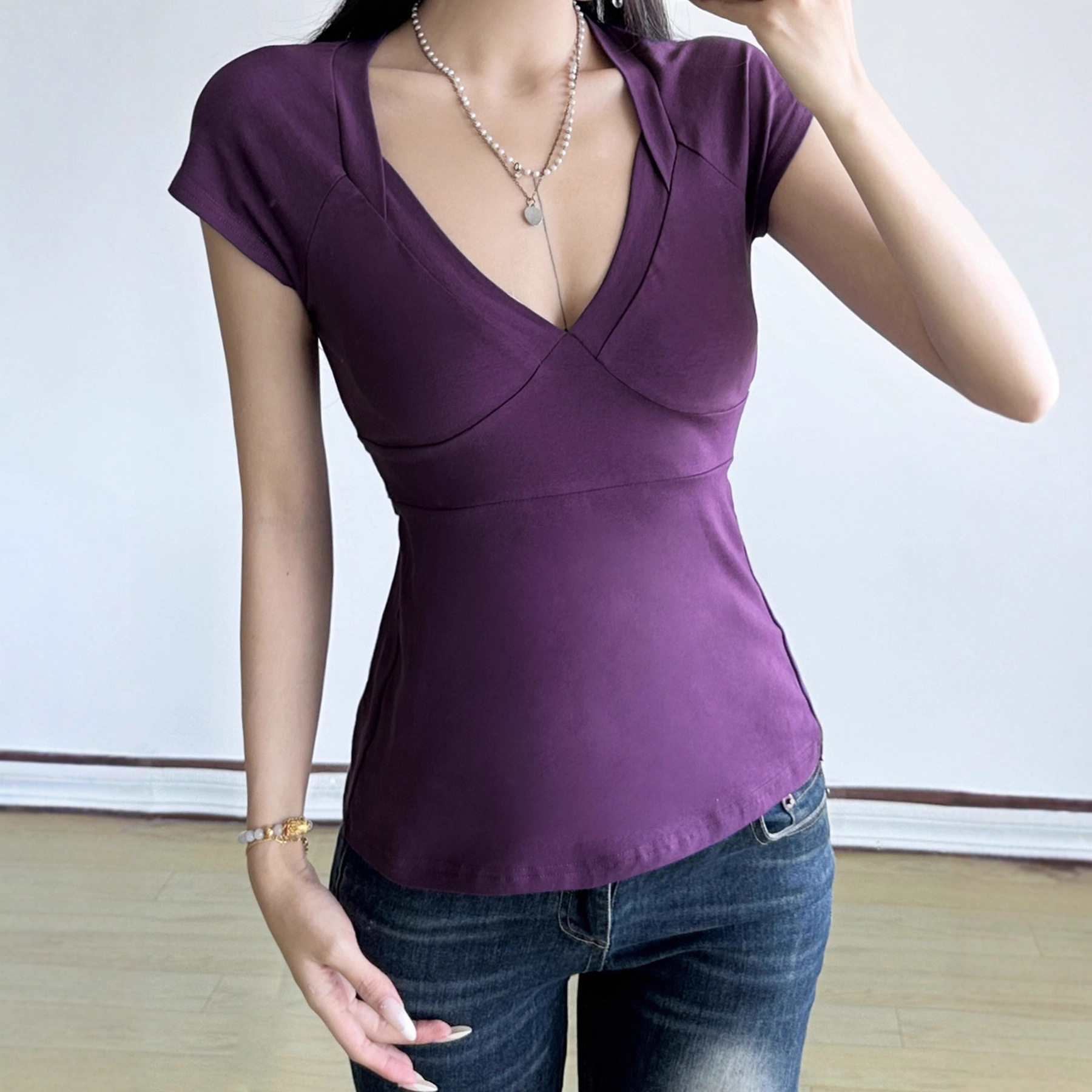 Love Bu Forget Pure Desire Fashion Patchwork Breast Shape Short Sleeve T-Shirt Hot Girl Back Strap Bow Basic Top