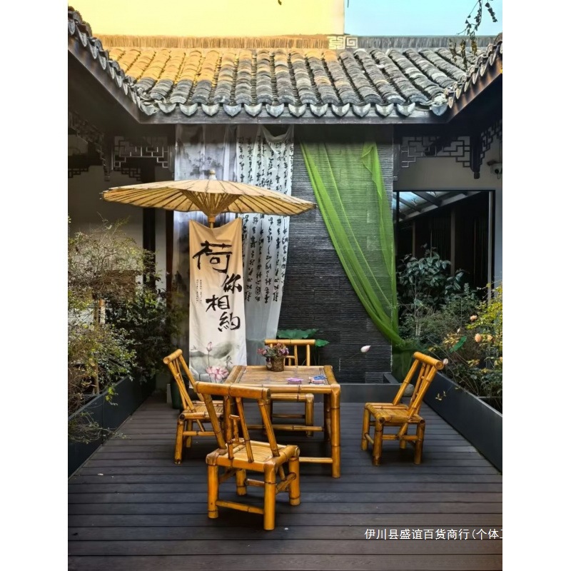 B&B Courtyard Outdoor Bamboo Tables and Chairs Chinese Courtyard Bamboo Tables and Chairs Handmade Bamboo Tables Tea Tables Carbonized Dining Tables