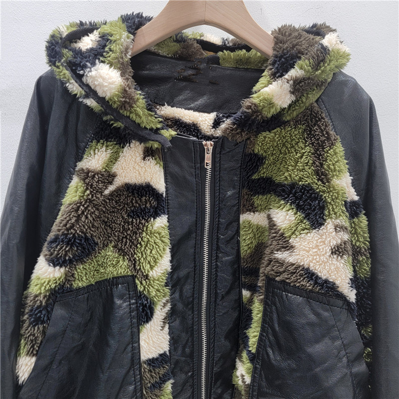 American retro cuero PU camuflaje ropa de algodón de peluche mujer moda coreana suelta abrigo de algodón caliente