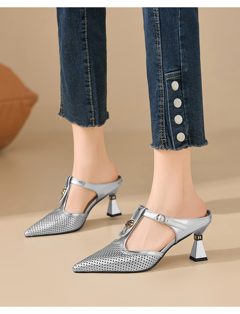 Sandal cao gót nữ quai chữ T mũi nhọn hở mũi, gót 7 cm — màu vàng chi tiết 1
