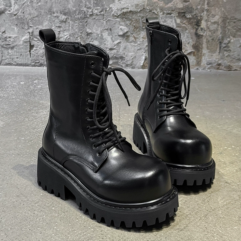 大头厚底极简马丁靴男10CM增高休闲高帮长筒男士靴 23394-J