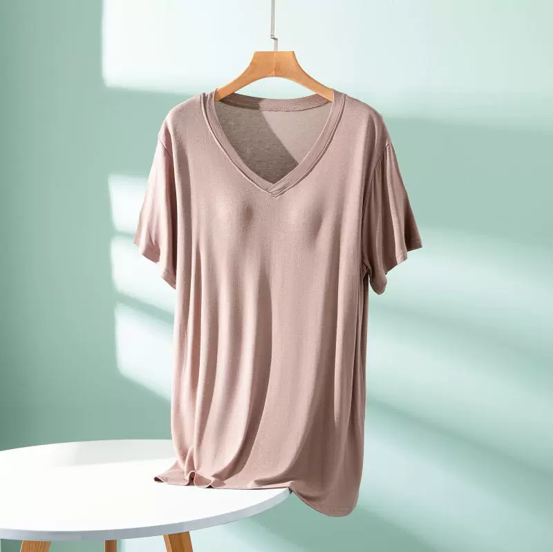 莫代尔带胸垫t恤女短袖夏季宽松大码显瘦上衣中长款外穿V领打底衫