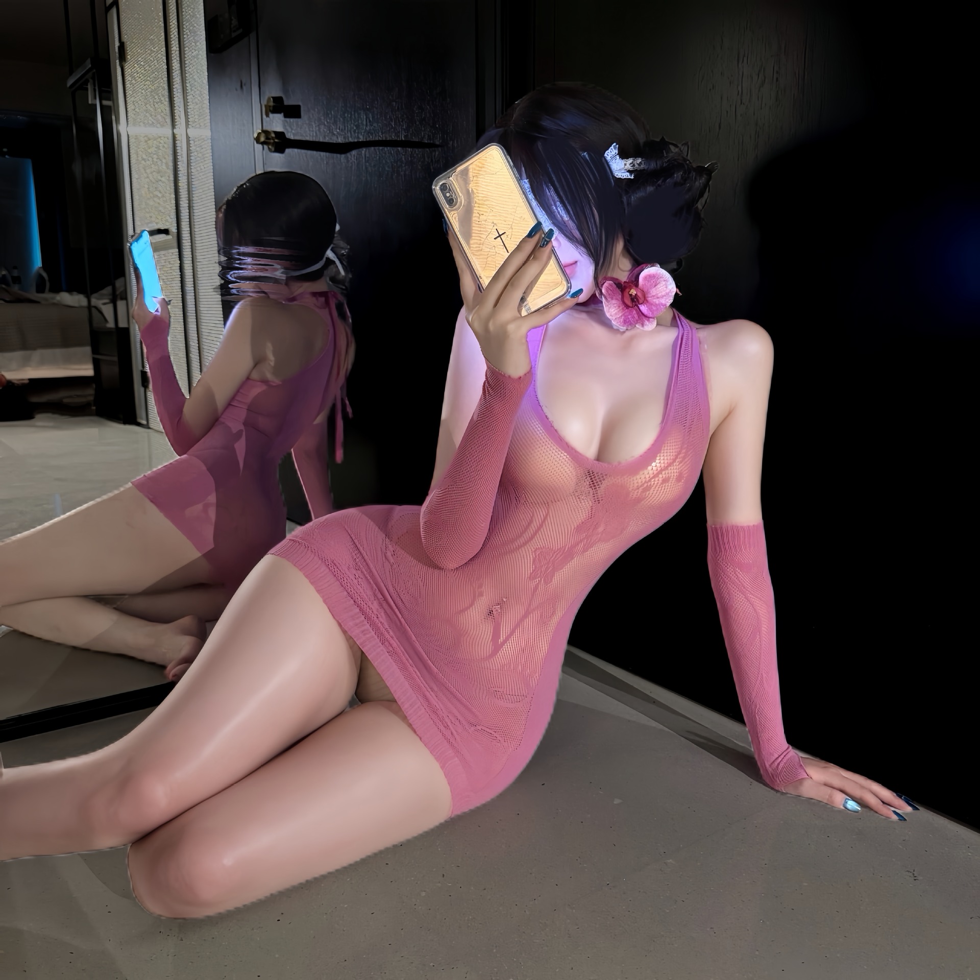 Tearable Mesh Maid Lingerie Set with Choker, Sleeves and Blindfold — detail image 2