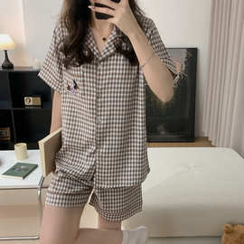 棕色腊肠狗云朵棉色织格双短女睡衣