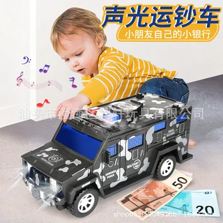 抖音同款 电动万向运钞车 自动卷钱投币存钱罐音乐灯光警察玩具车