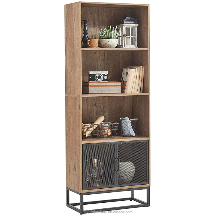 Living room with wall and wooden bookcase office library storage…