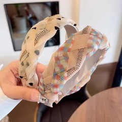 高端網紗鑲鑽發箍2023網紅新款麻花頭箍寬邊格子外出壓發卡髮飾女