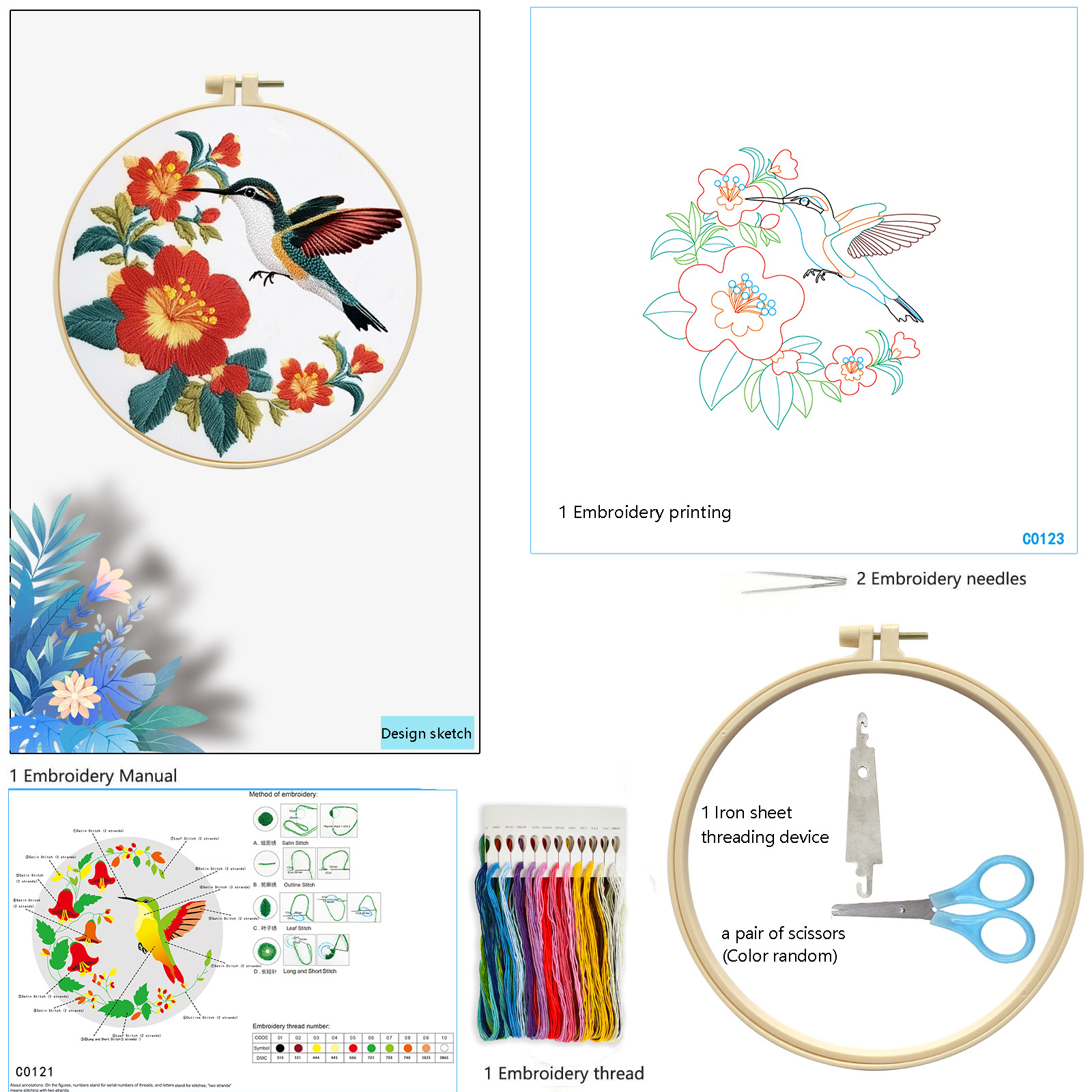Nuevo paquete de material de bordado transfronterizo diy colibríes y flores de melocotón estética simple kit de bordado para principiantes al por mayor image 3