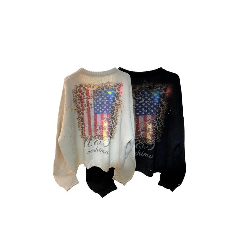Leopard Print Navy Blue Flag Cardigan Sweater*Vintage Warm Knitwear That Slims the Figure and Adds Elegance, Versatile Outerwear Leopard Print Navy Blue Flag Cardigan Sweater*Vintage Warm Knitwear That Slims the Figure and Adds Elegance, Versatile Outerwear