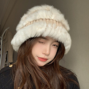 Rabbit fur knitted hat for women in autumn and winter new style large head circumference ear protection woolen hat loose thickened warm fisherman basin hat trendy
