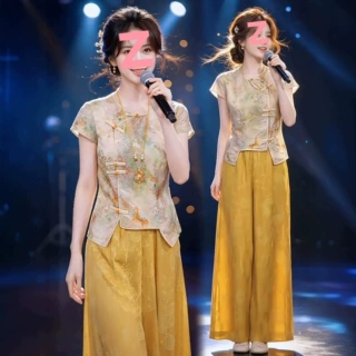 新中式国风套装女2026夏季新款盘扣短袖上衣显瘦阔腿裤气质两件套