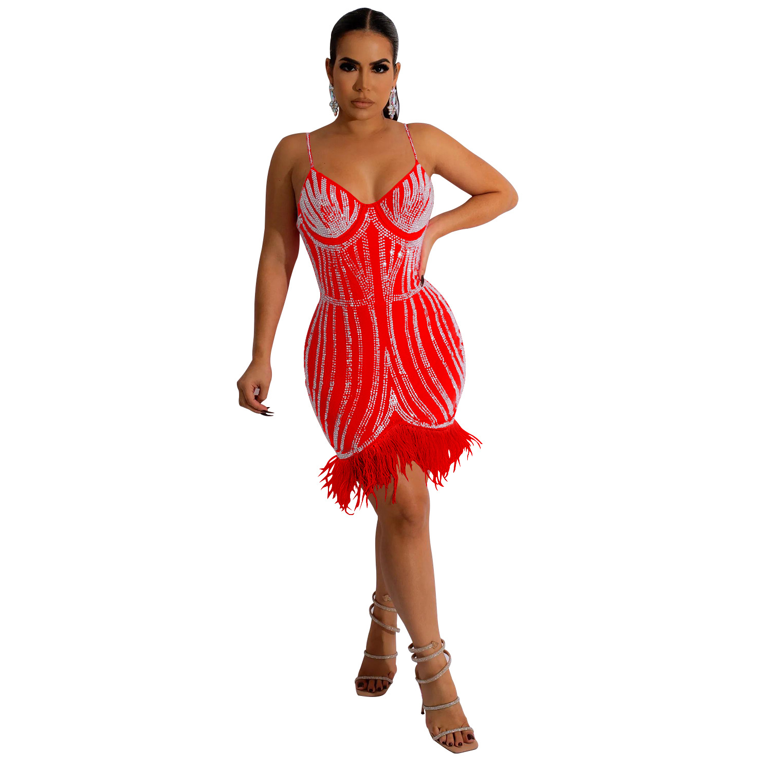 C6156 transfronteriza AliExpress Amazon moda europea y americana de las mujeres sin mangas envuelto pecho rhinestone pluma correa de hombro vestido