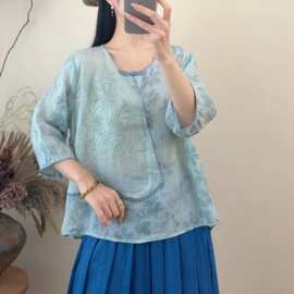 休闲斜襟苎麻衬衫2026夏新款刺绣文艺印花茶服显瘦百搭苎麻上衣女