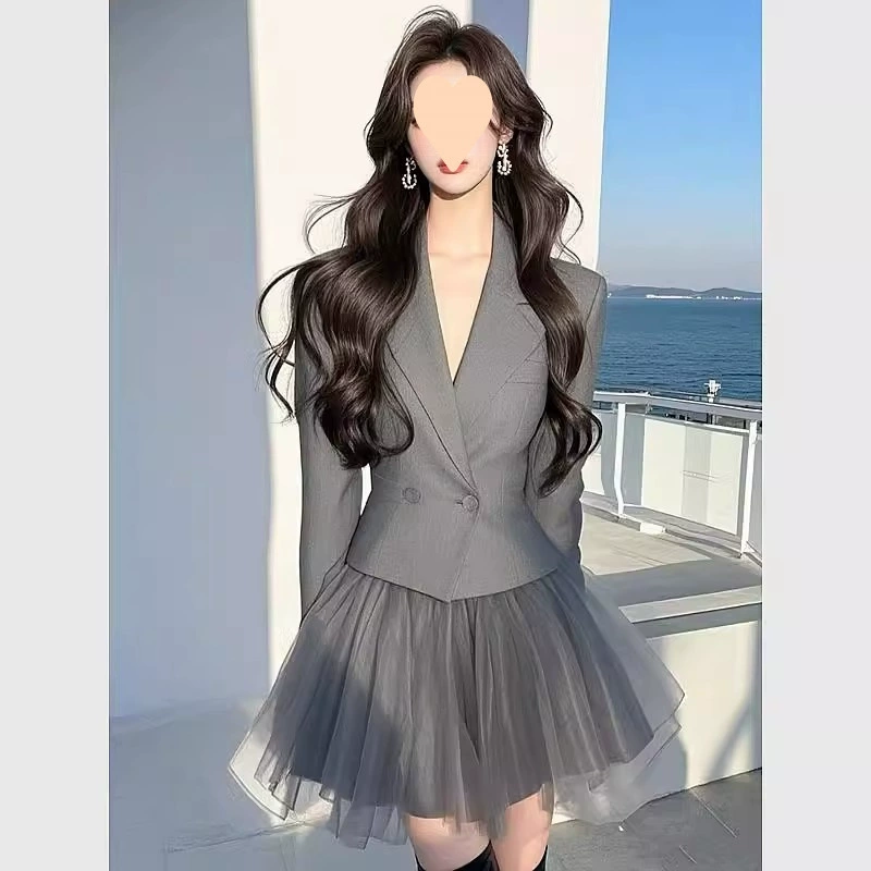 2025 Полный комплект нового элегантного костюма в популярном весеннем сером цвете: пиджак и юбка из шифона для элегантной женщины.