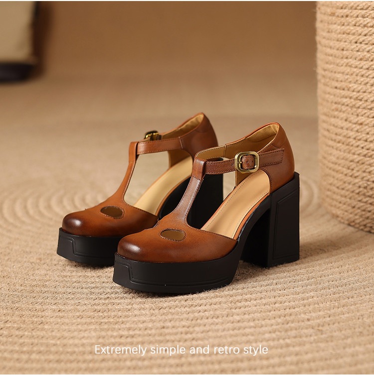Sandal nữ đế xuồng platform gót vuông phong cách vintage khóa kim loại — màu nâu, màu đen chi tiết 17
