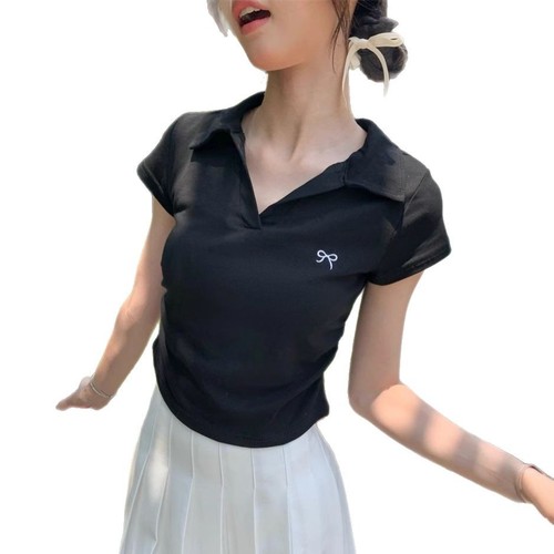 Polo Neck Pleated Embroidery Sexy Short Sleeve T-Shirt Women Summer Waist Cinch Slimming Underwear Short Style Women's T Shirt Wholesale 