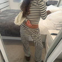 Y25ST353欧美跨境秋季女装亚马逊新款圆领条纹长袖直筒长裤套装女