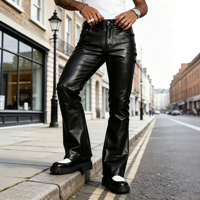 New Cross-Border Men's Pu Leather Pants, European and American Motorcycle Style Slim-Fit Long Pants, Trendy Cycling Men's Fashion Leather Pants