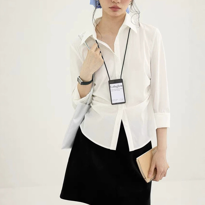 Fashionable Preppy Style Vintage Pleated Elegant Long-Sleeve Shirt for Women, Autumn Waist-Cinching Slimming Top