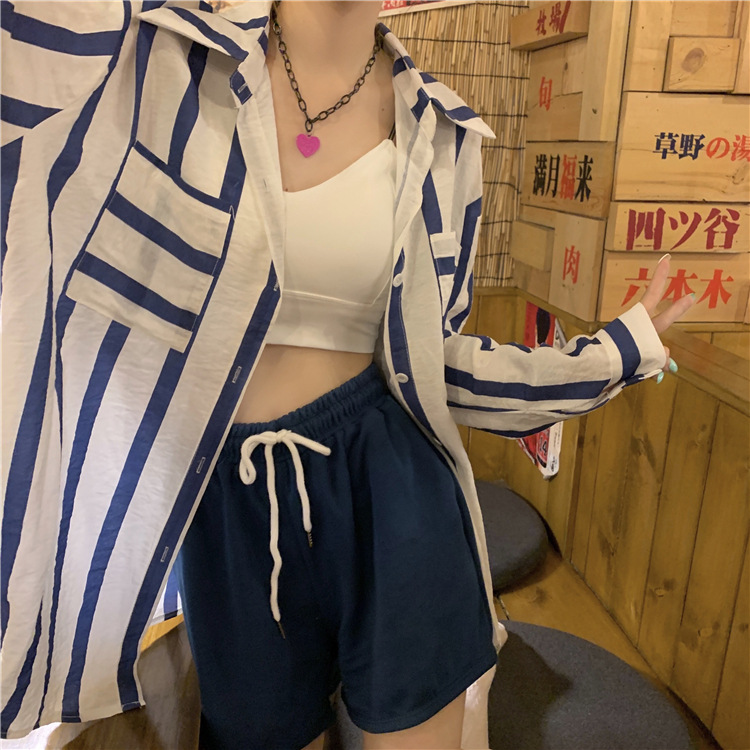 chic韩风polo领防晒条纹撞色宽松长袖衬衫女蓝色休闲运动短裤套装