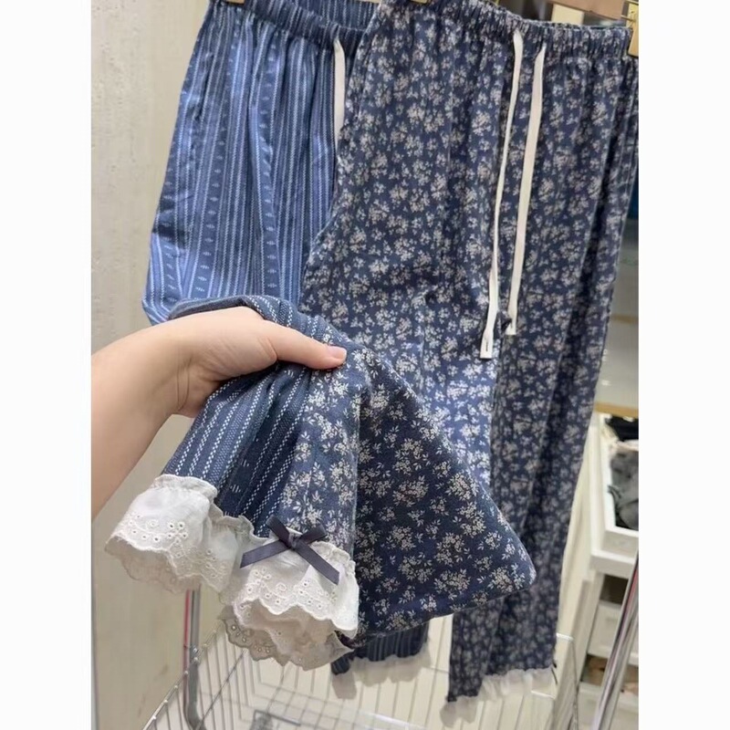 New spring, summer, and autumn women's faux cotton pajama pants, long home pants, casual pants, loose floral vertical stripe lace walking pants New spring, summer, and autumn women's faux cotton pajama pants, long home pants, casual pants, loose floral vertical stripe lace walking pants
