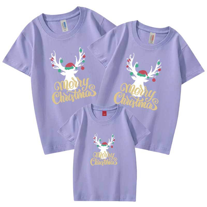 Camiseta al por mayor carta de verano cabeza de ciervo de Navidad autoproducido y vendido algodón refinado ropa de padre-hijo ropa de clase ropa para niños manga corta cuello redondo
