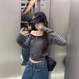 【厂家源头现货直发】性感修身显瘦长袖T恤女休闲打底衫露肩上衣