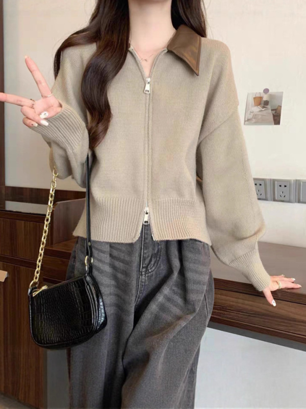2025秋冬新款双拉链拼接POLO领针织开衫女宽松休闲慵懒风毛衣外套|undefined