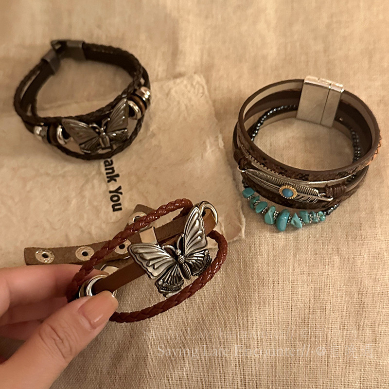 Handmade ~ exotic ethnic style cowhide folded bracelet personality medieval bohemian style niche vintage jewelry Handmade ~ exotic ethnic style cowhide folded bracelet personality medieval bohemian style niche vintage jewelry