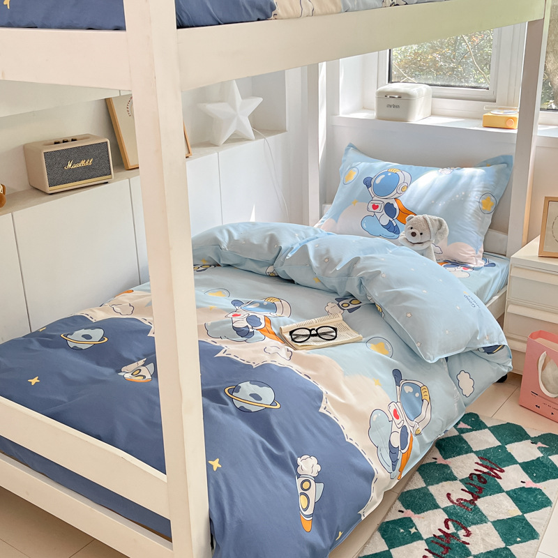 Juego de sábanas impresas de algodón de cuatro piezas Juego de tres piezas para estudiantes individual y doble, dormitorio doméstico de primavera y verano, sábanas lavables a máquina